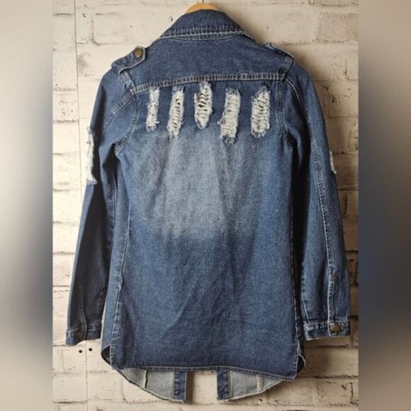 TANMING Women's Casual Lapel Slim Long Sleeve Denim Distressed Jacket - Picture 5 of 9
